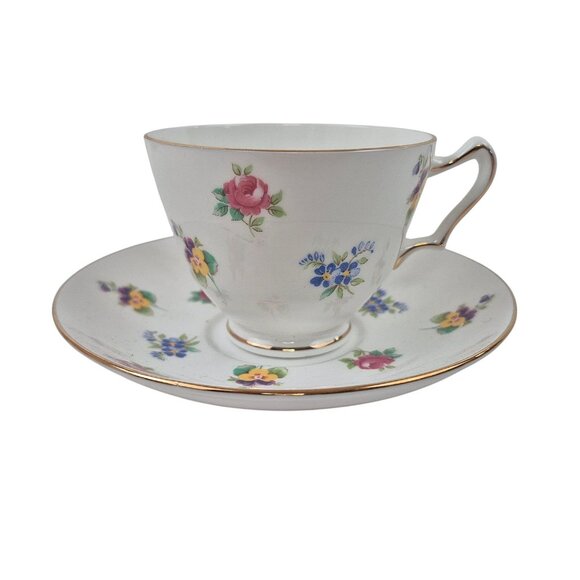 Crown Staffordshire Tea Cup Saucer Fine China Floral Pattern Gold Trim England - Picture 8 of 10